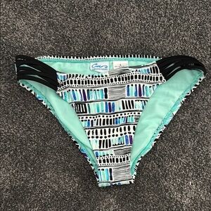 California Waves Bikini Bottom with blue black design and strappy waist detail